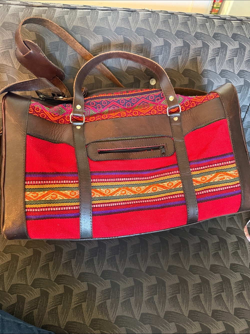 Boho western Kilim Woven Textile Weekender Bag  Brown Leather Trim